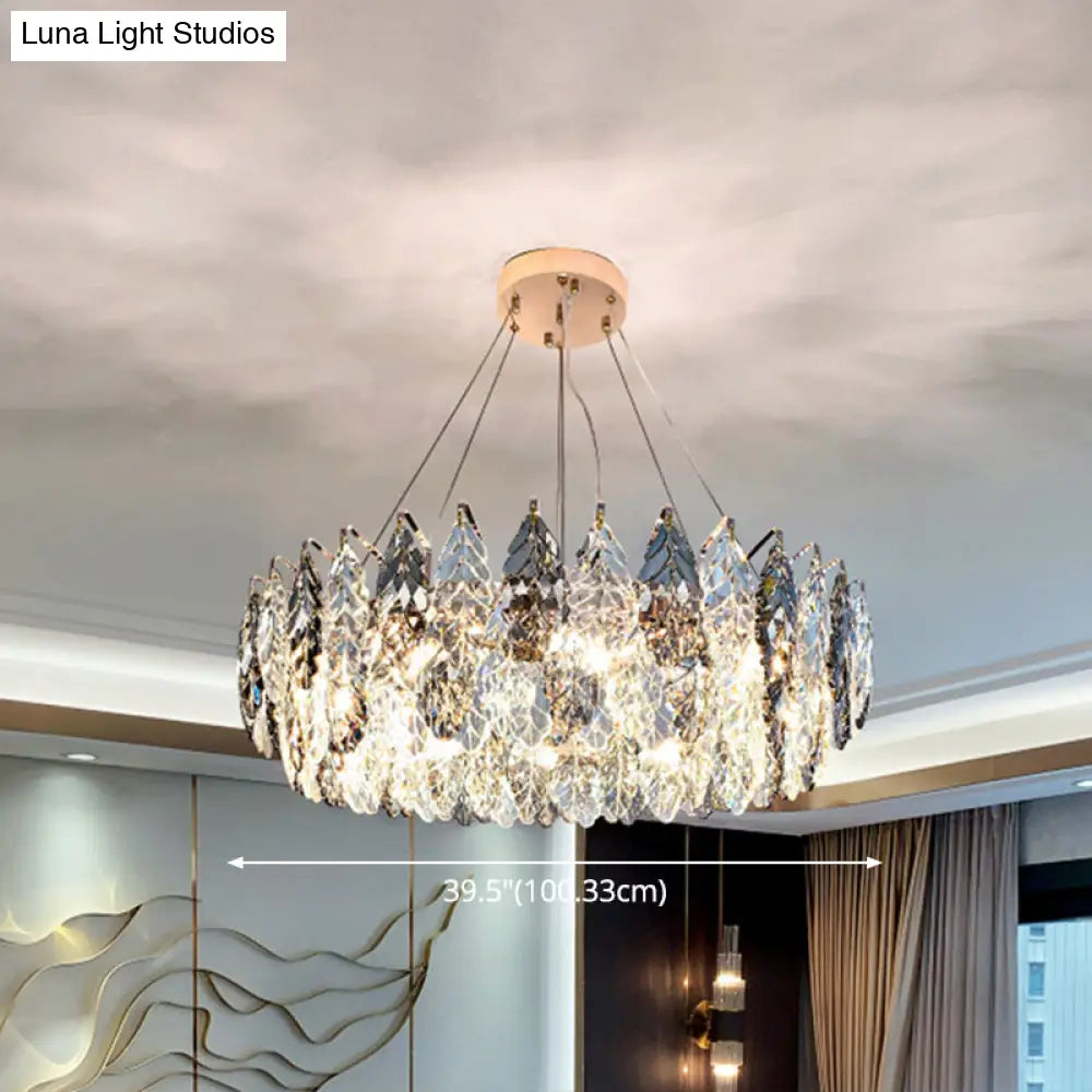 Smoke Grey Crystal Modern Drum Pendant Ceiling Light - Elegant Living Room Chandelier