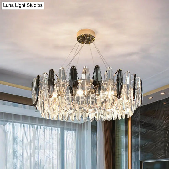 Smoke Grey Crystal Modern Drum Pendant Ceiling Light - Elegant Living Room Chandelier