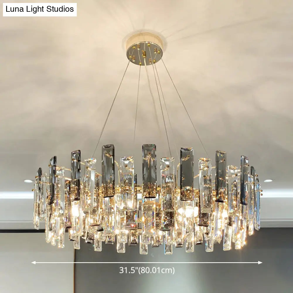 Smoke Grey Crystal Modern Drum Pendant Ceiling Light - Elegant Living Room Chandelier