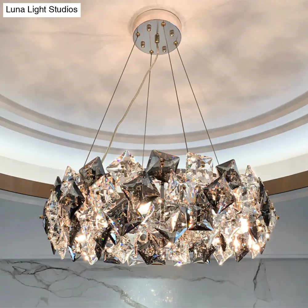 Smoke Grey Crystal Modern Drum Pendant Ceiling Light - Elegant Living Room Chandelier