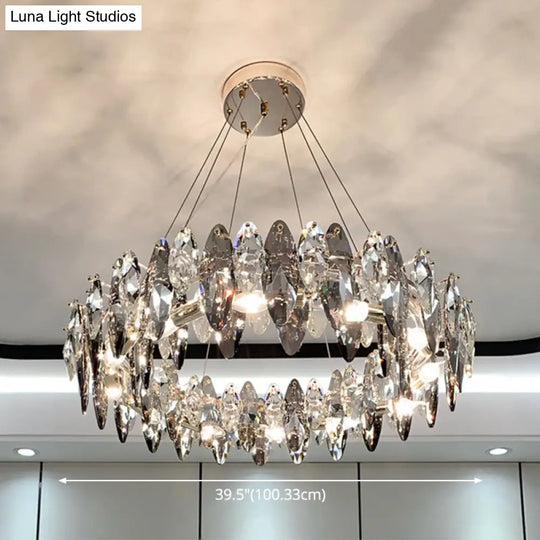 Smoke Grey Crystal Modern Drum Pendant Ceiling Light - Elegant Living Room Chandelier