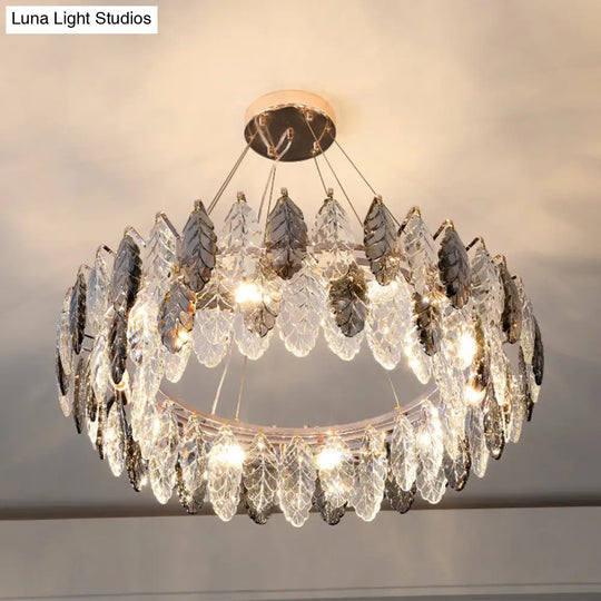 Smoke Grey Crystal Modern Drum Pendant Ceiling Light - Elegant Living Room Chandelier