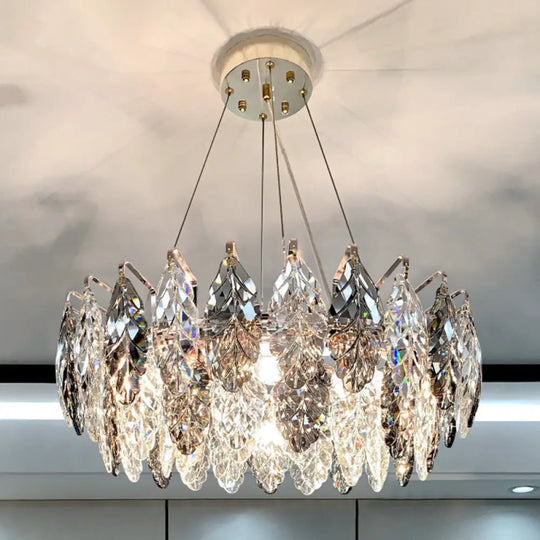 Smoke Grey Crystal Modern Drum Pendant Ceiling Light - Elegant Living Room Chandelier Gray / 23.5