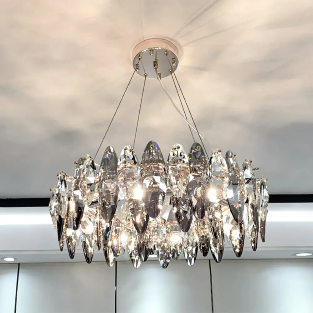 Smoke Grey Crystal Modern Drum Pendant Ceiling Light - Elegant Living Room Chandelier Gray / 23.5