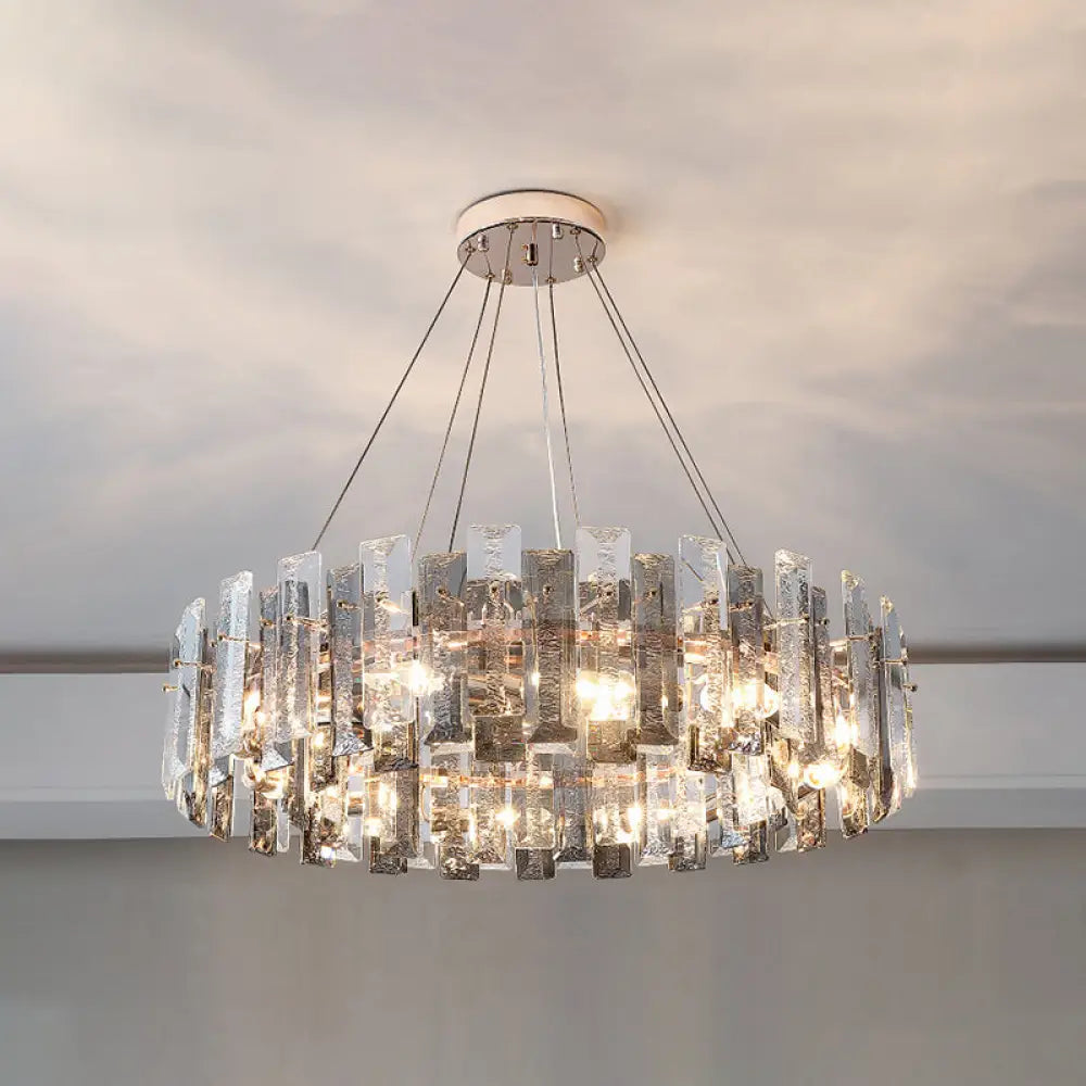 Smoke Grey Crystal Modern Drum Pendant Ceiling Light - Elegant Living Room Chandelier Gray / 31.5