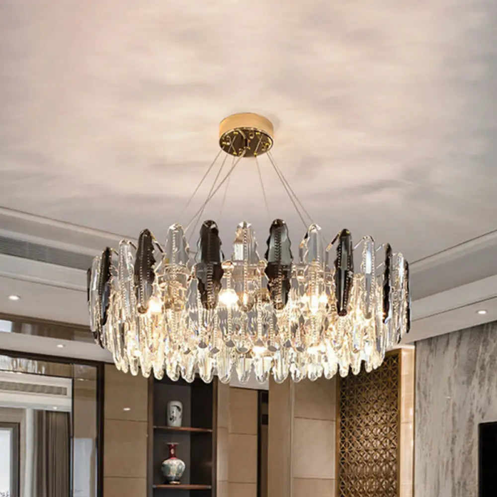 Smoke Grey Crystal Modern Drum Pendant Ceiling Light - Elegant Living Room Chandelier Gray / 39.5