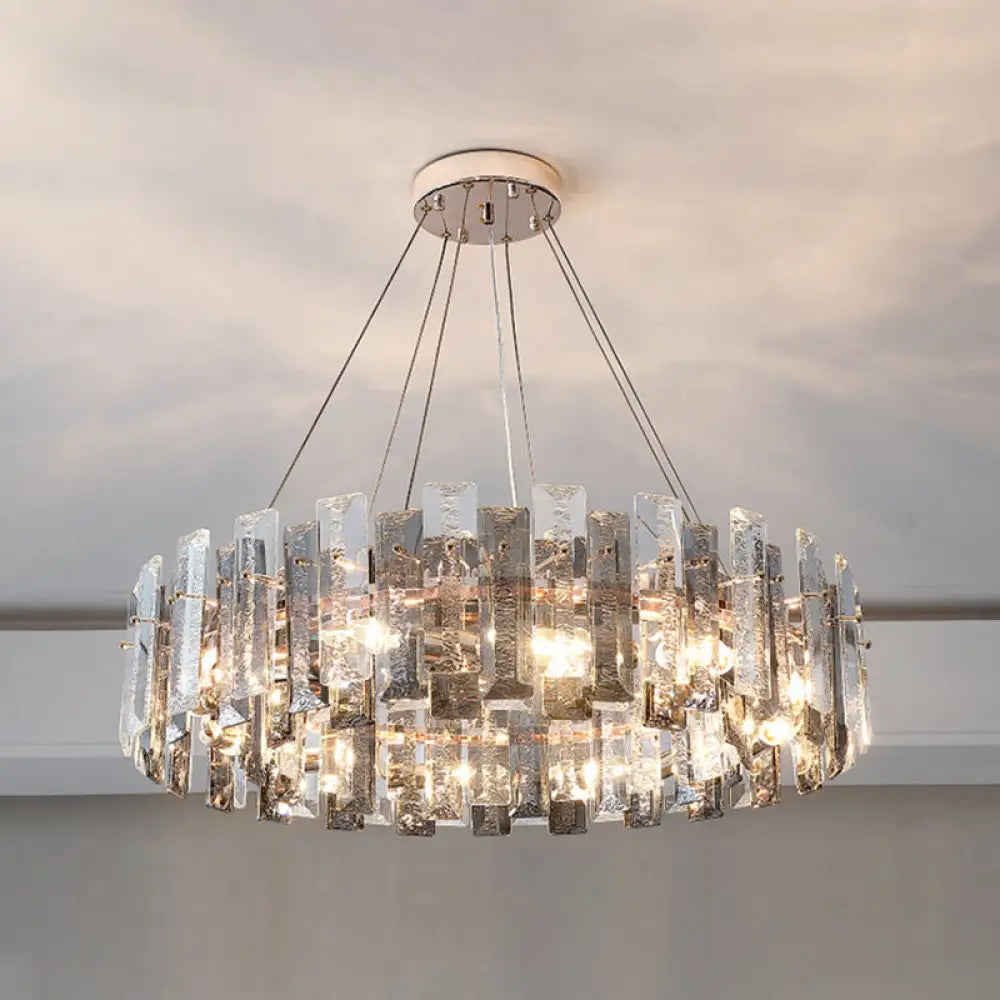 Smoke Grey Crystal Modern Drum Pendant Ceiling Light - Elegant Living Room Chandelier Gray / 39.5