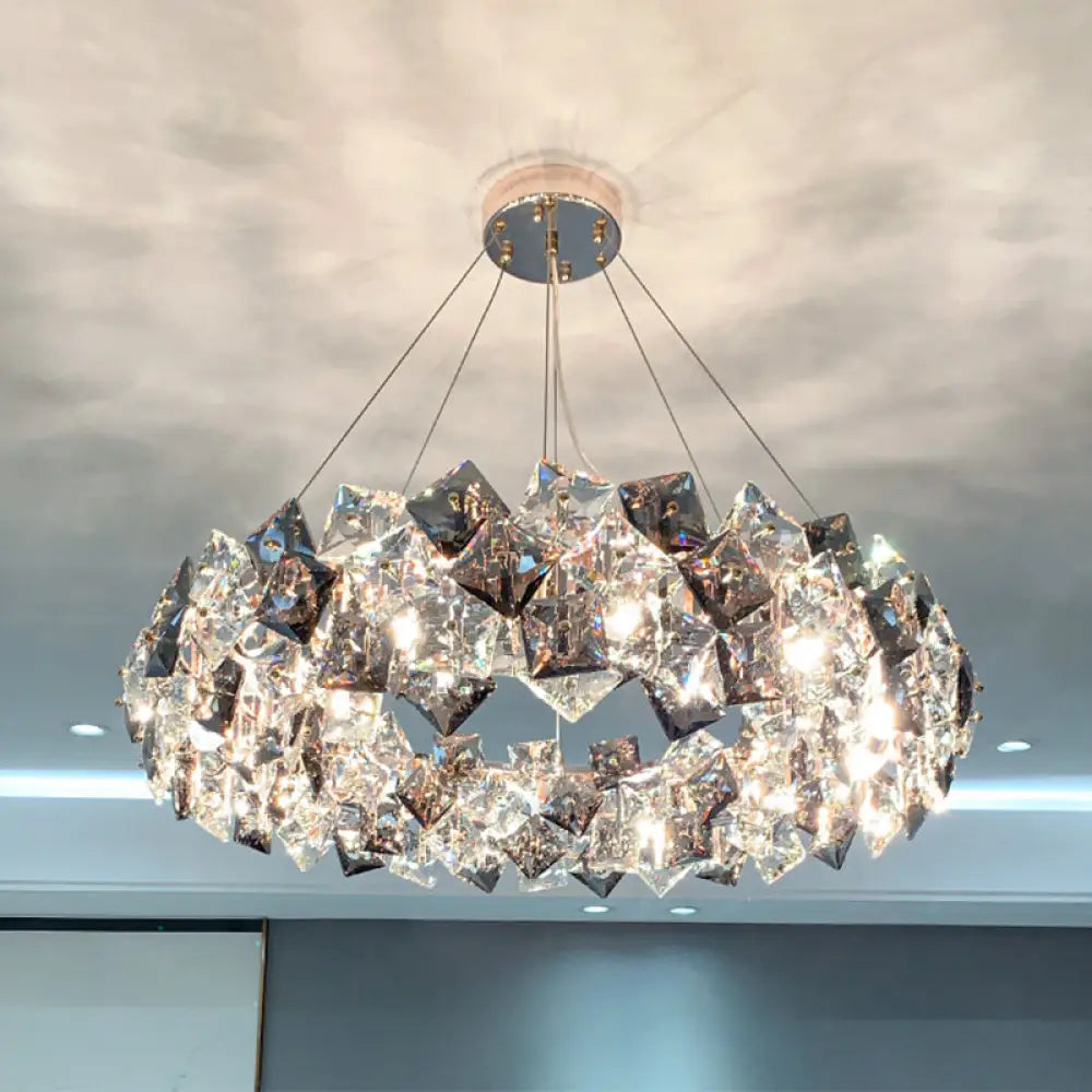 Smoke Grey Crystal Modern Drum Pendant Ceiling Light - Elegant Living Room Chandelier Gray / 39.5