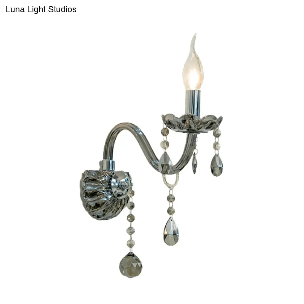 Smoke Grey Crystal Teardrop Wall Sconce Candlestick - Traditional 1/2-Bulb Light