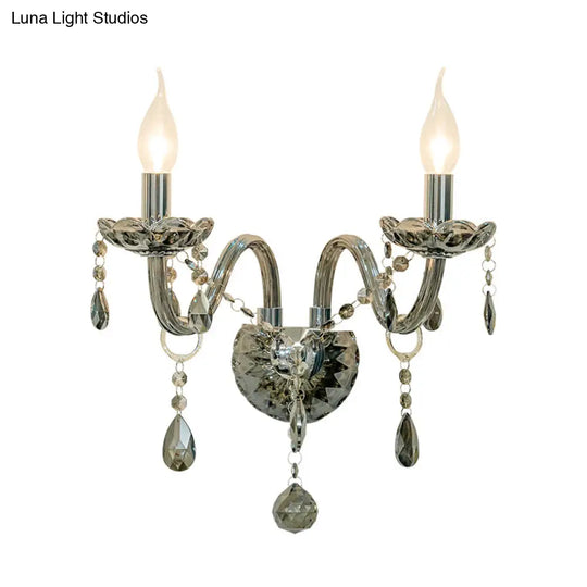 Smoke Grey Crystal Teardrop Wall Sconce Candlestick - Traditional 1/2-Bulb Light