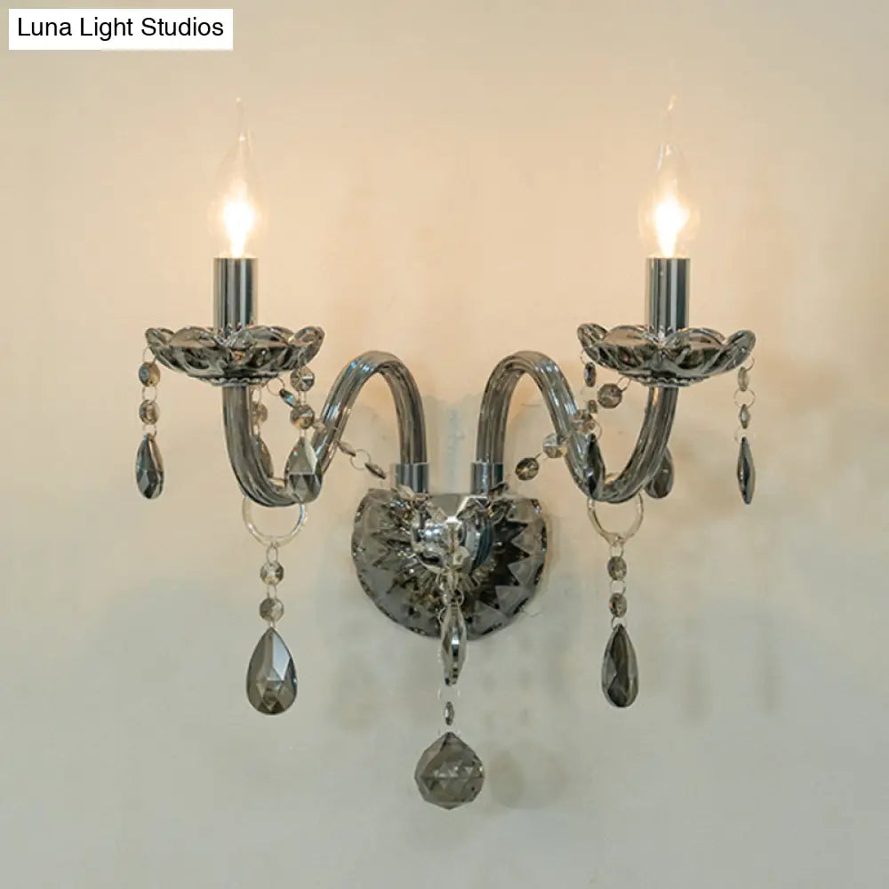 Smoke Grey Crystal Teardrop Wall Sconce Candlestick - Traditional 1/2-Bulb Light