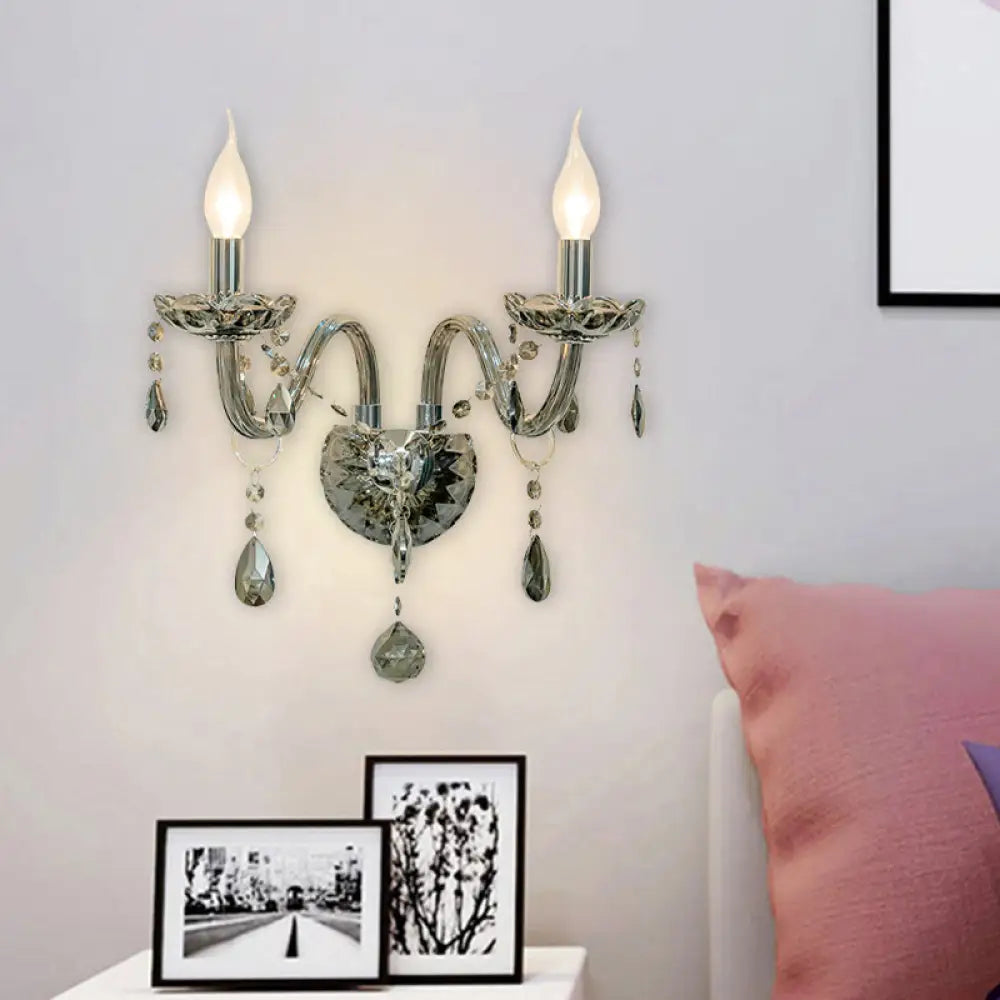 Smoke Grey Crystal Teardrop Wall Sconce Candlestick - Traditional 1/2-Bulb Light 2 / Gray