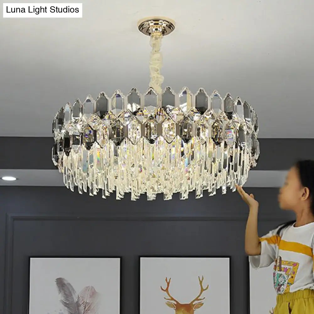 Smoke Grey Crystal Tiered Chandelier - Modern Luxe Hanging Light For Living Room
