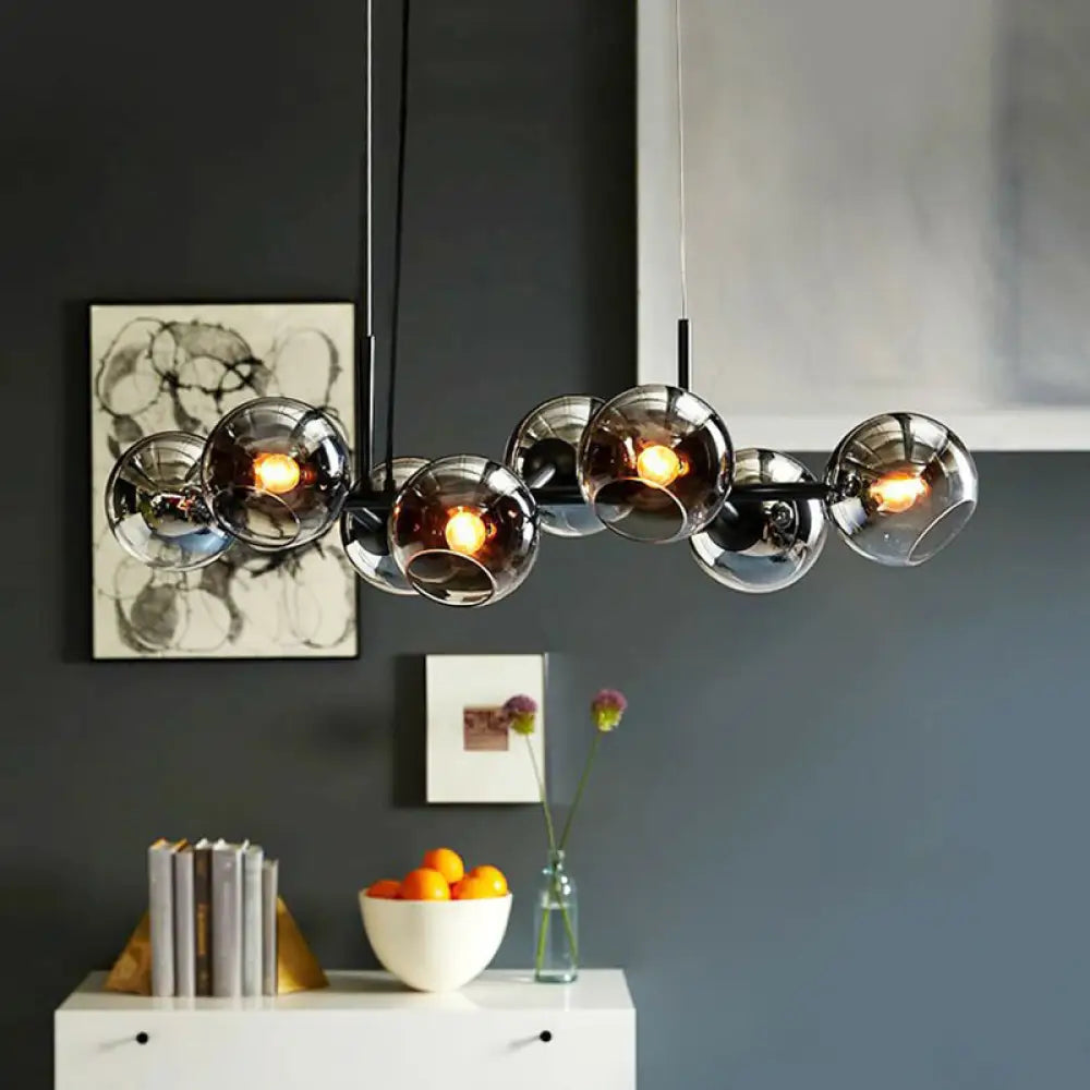 Smoke Grey Glass 8-Head Nordic Dome Suspension Lighting For Dining Rooms Black