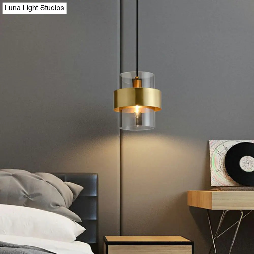 Smoke Grey Glass Cylinder Pendant Light With Brass Postmodern Design For Bedroom Down Lighting