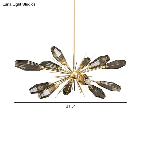 Smoke Grey Glass Diamond Chandelier Lamp - Modern 12-Head Hanging Ceiling Light With Burst Design In