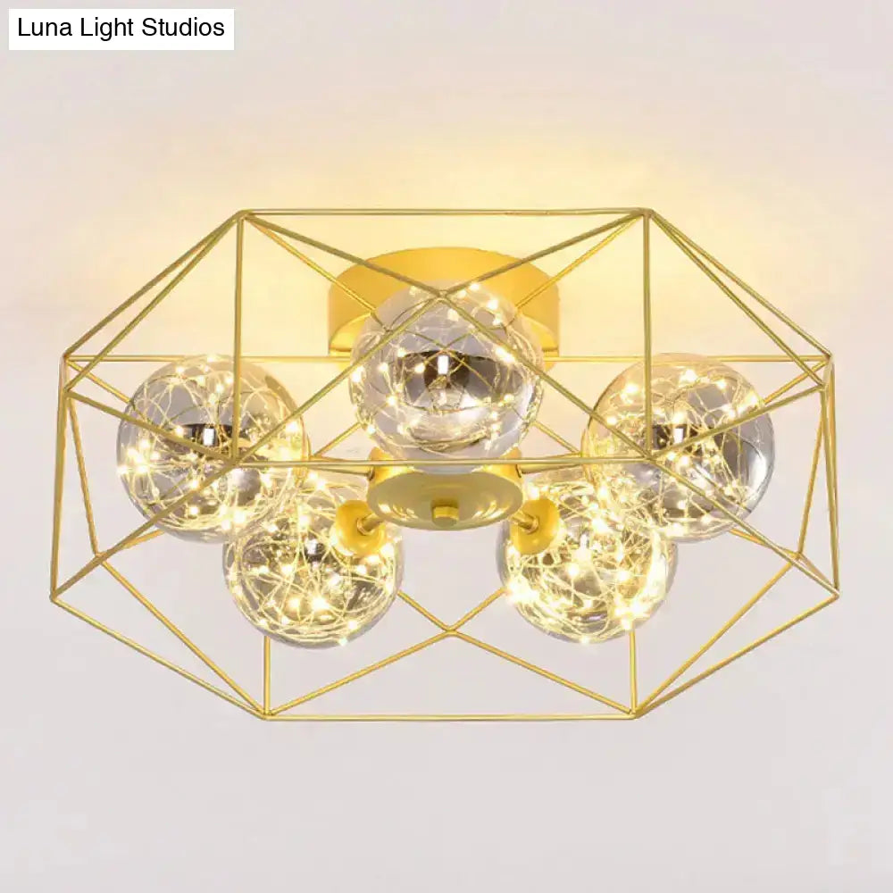 Smoke Grey Glass Orb Ceiling Light With Metal Hexagonal Cage - Simple 5-Head Gold Finish