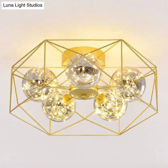 Smoke Grey Glass Orb Ceiling Light With Metal Hexagonal Cage - Simple 5-Head Gold Finish