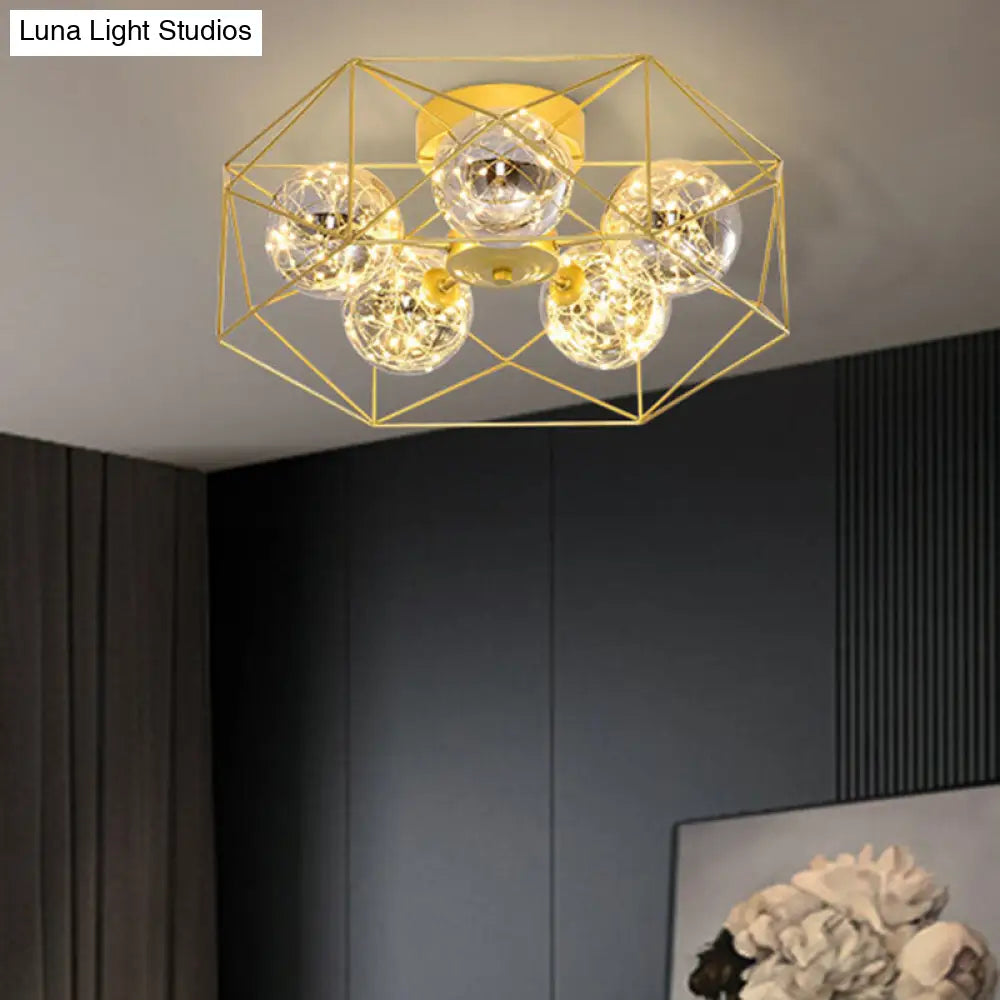 Smoke Grey Glass Orb Ceiling Light With Metal Hexagonal Cage - Simple 5 - Head Gold Finish