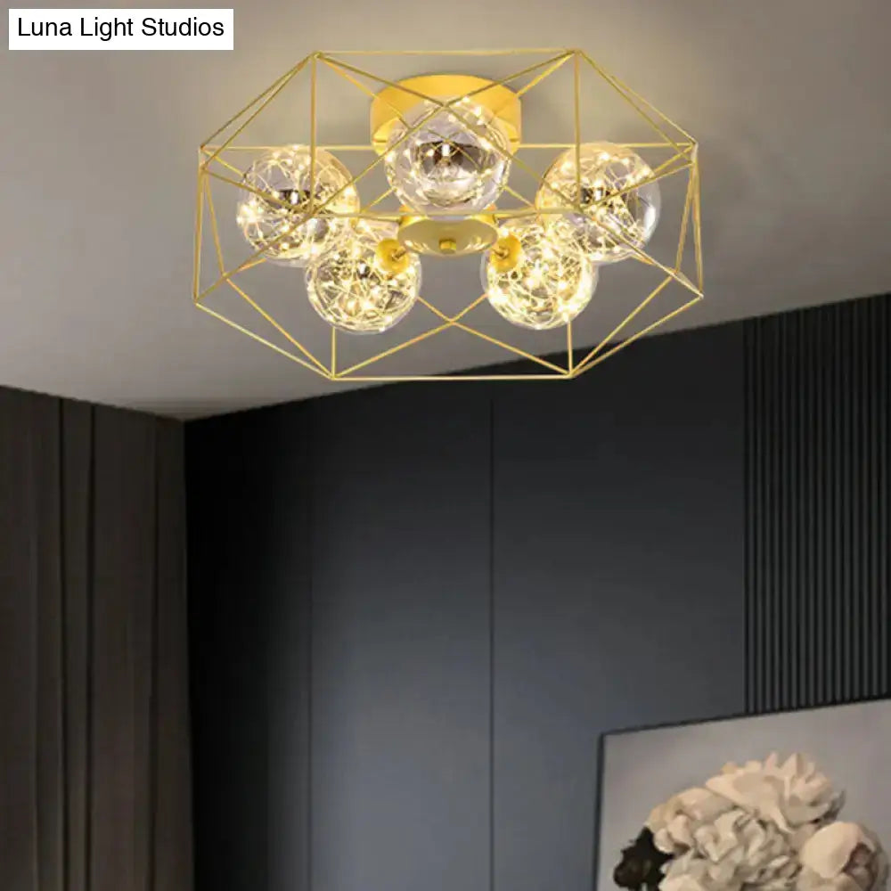 Smoke Grey Glass Orb Ceiling Light With Metal Hexagonal Cage - Simple 5-Head Gold Finish