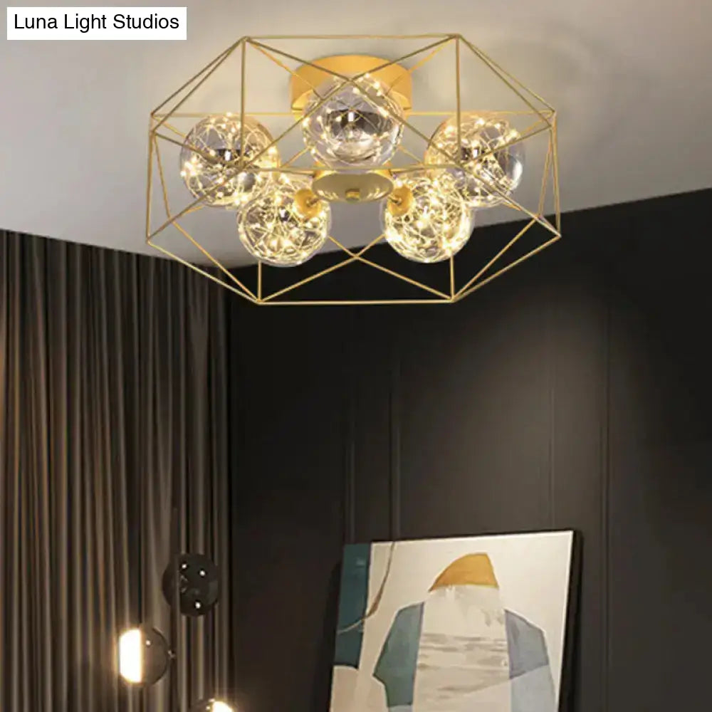 Smoke Grey Glass Orb Ceiling Light With Metal Hexagonal Cage - Simple 5-Head Gold Finish