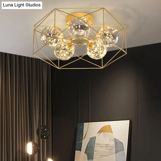 Smoke Grey Glass Orb Ceiling Light With Metal Hexagonal Cage - Simple 5-Head Gold Finish / Natural