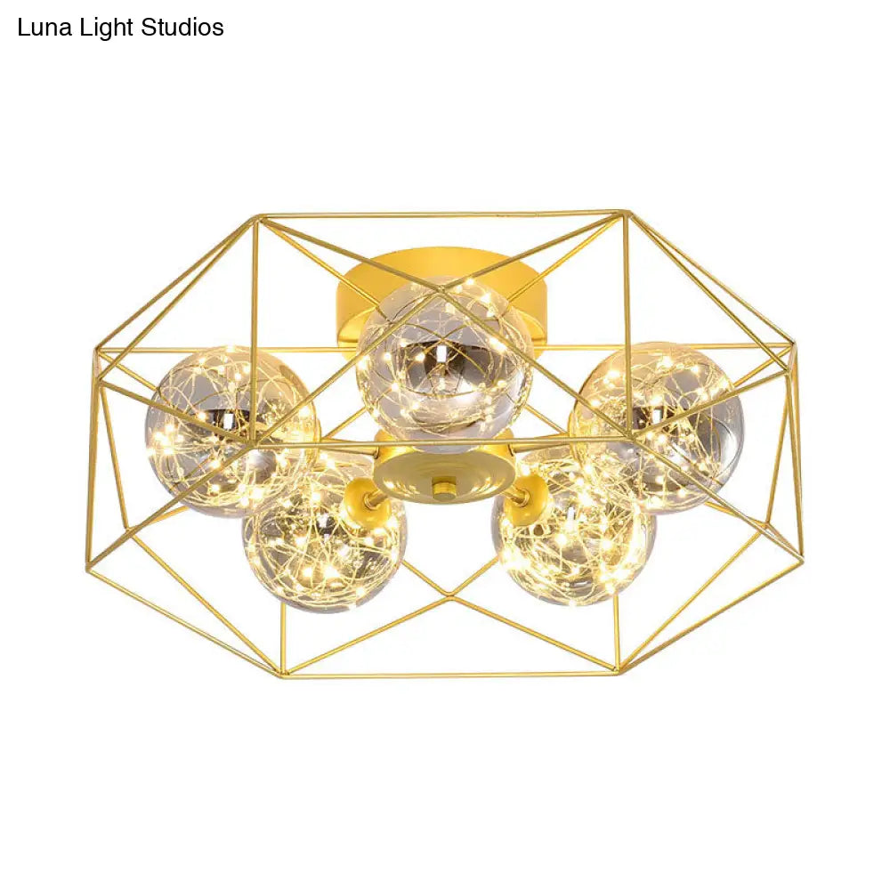 Smoke Grey Glass Orb Ceiling Light With Metal Hexagonal Cage - Simple 5 - Head Gold Finish