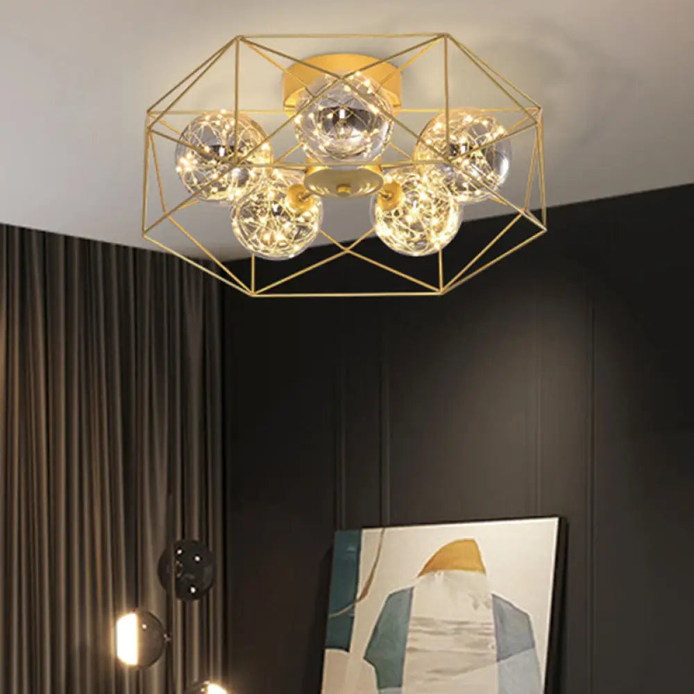 Smoke Grey Glass Orb Ceiling Light With Metal Hexagonal Cage - Simple 5 - Head Gold Finish / Natural