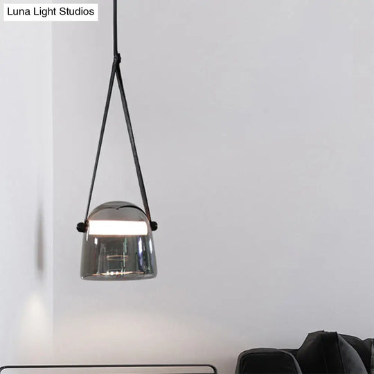 Smoke Grey Glass Pendulum Light - Nordic Single-Bulb Pendant With Adjustable Leather Strap