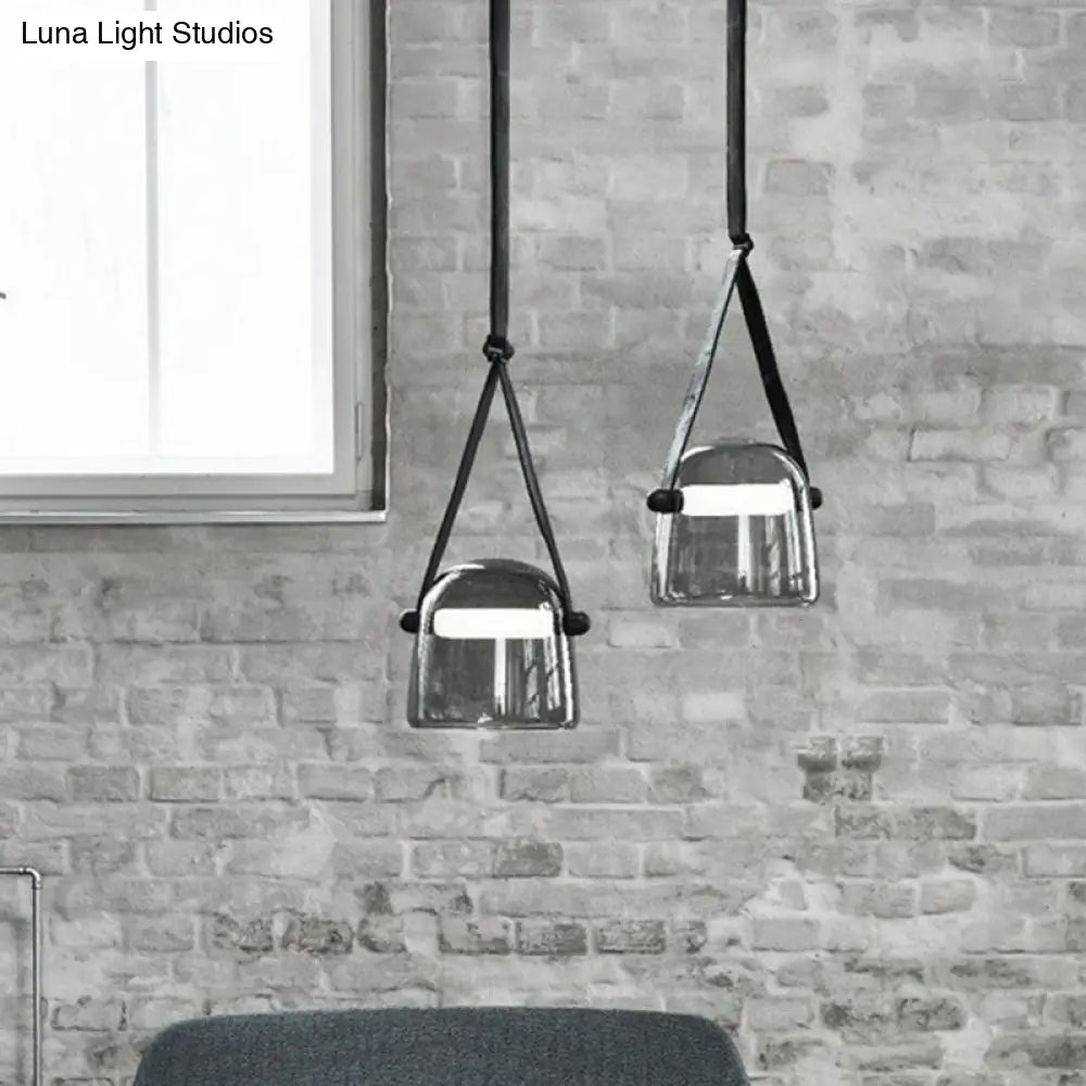 Smoke Grey Glass Pendulum Light - Nordic Single-Bulb Pendant With Adjustable Leather Strap