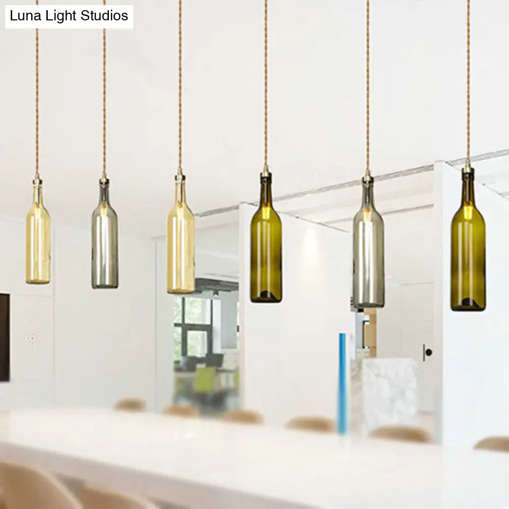 Smoke Grey/Green Industrial Wine Bottle Hanging Lamp - Adjustable Cord Pendant Light