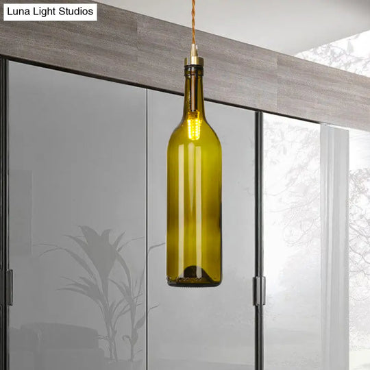 Smoke Grey/Green Industrial Wine Bottle Hanging Lamp - Adjustable Cord Pendant Light