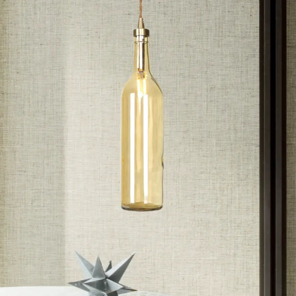 Smoke Grey/Green Industrial Wine Bottle Hanging Lamp - Adjustable Cord Pendant Light Amber