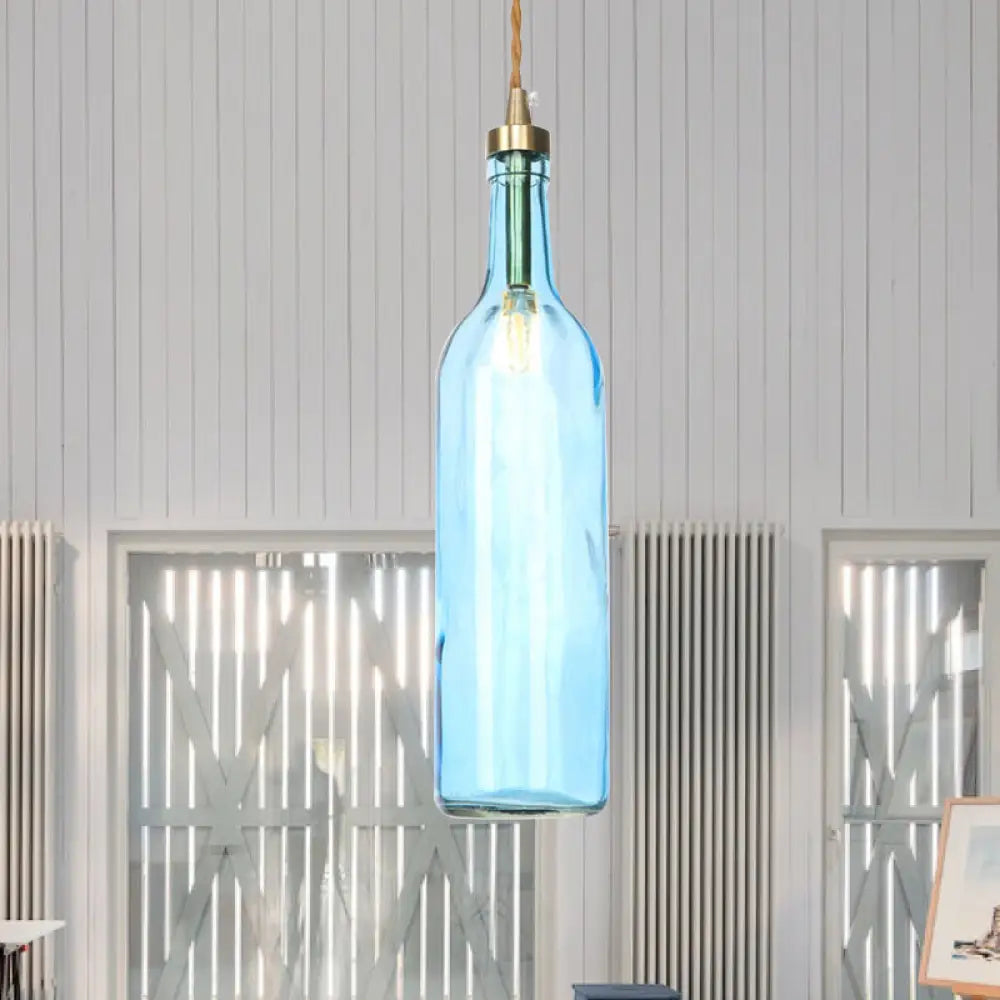 Smoke Grey/Green Industrial Wine Bottle Hanging Lamp - Adjustable Cord Pendant Light Blue