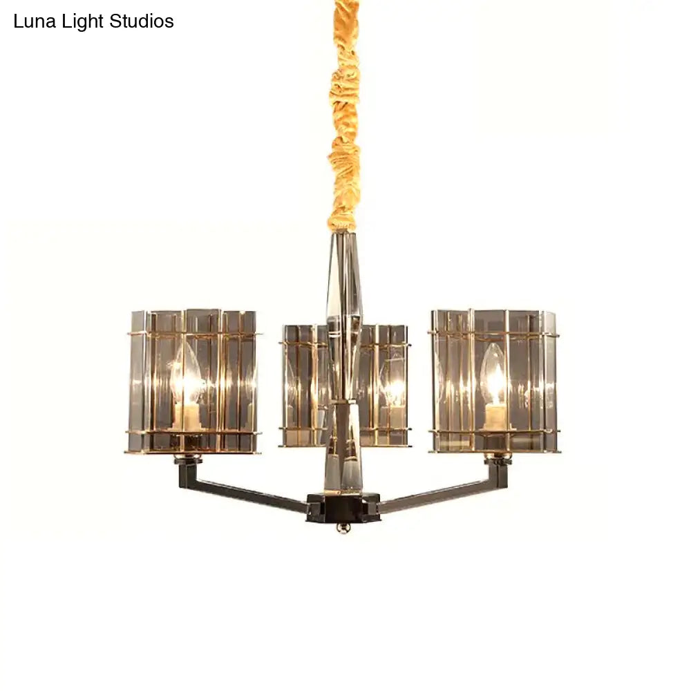 Smoked Glass Triangle Chandelier - Modernistic Dining Room Ceiling Light With 3 Bulbs