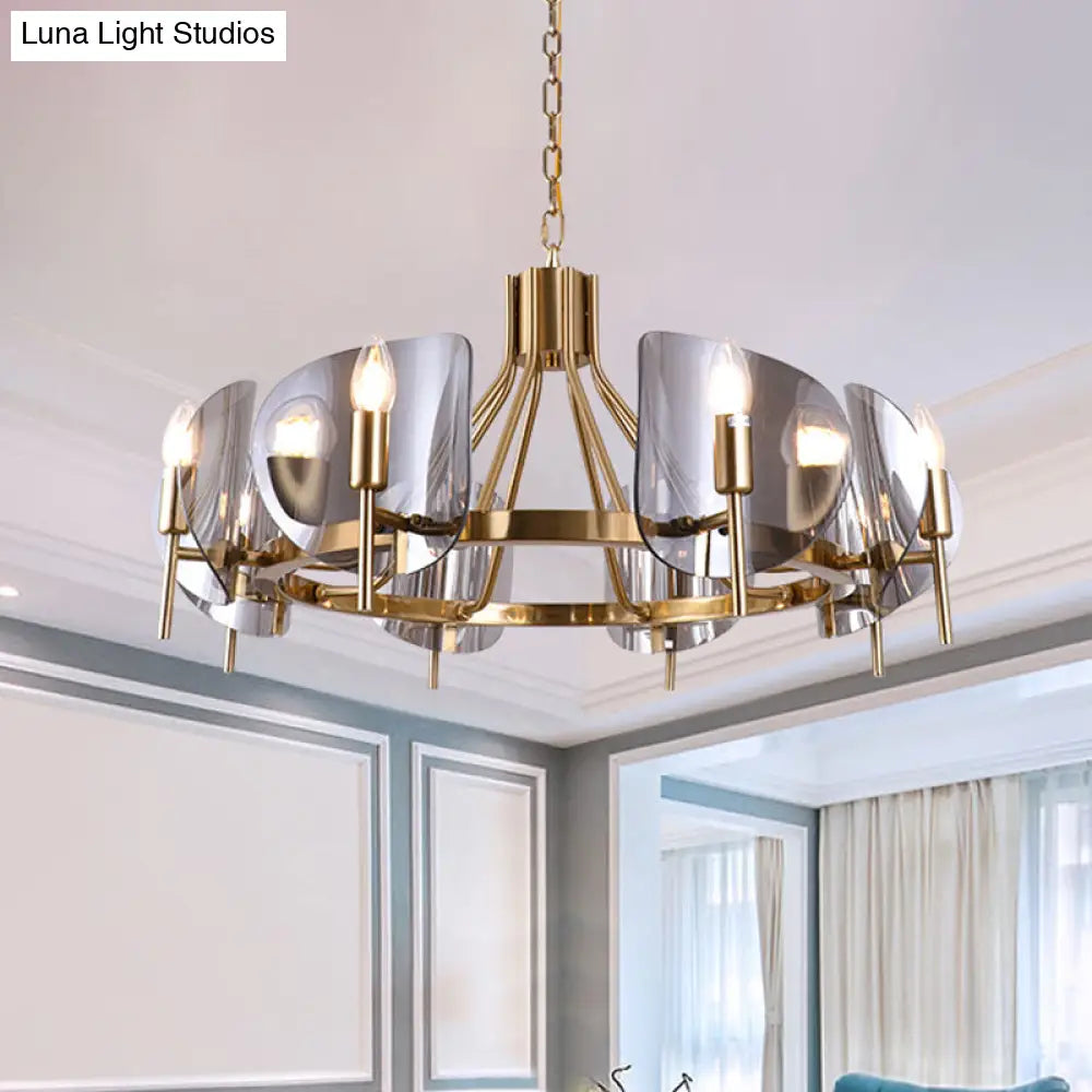 Smoky Grey Glass Chandelier With 8 Lights - Postmodern Gold Ceiling Hang Light For Shield Parlor