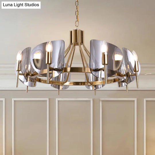 Smoky Grey Glass Chandelier With 8 Lights - Postmodern Gold Ceiling Hang Light For Shield Parlor