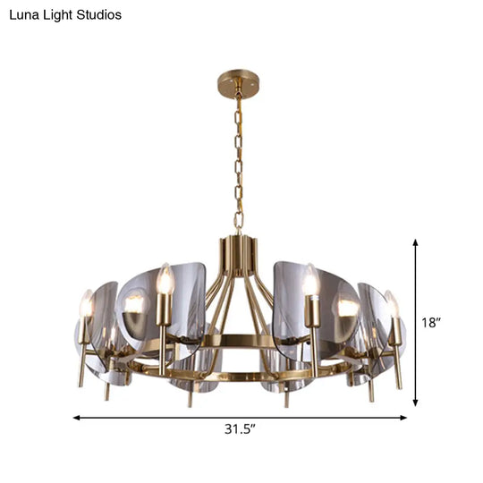 Smoky Grey Glass Chandelier With 8 Lights - Postmodern Gold Ceiling Hang Light For Shield Parlor