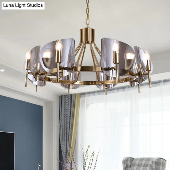 Smoky Grey Glass Chandelier With 8 Lights - Postmodern Gold Ceiling Hang Light For Shield Parlor