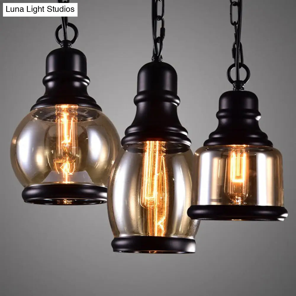 Industrial Smoky Grey Glass Pendant Light Kit - Black Globe/Bottle/Oval Drop Design For Kitchen