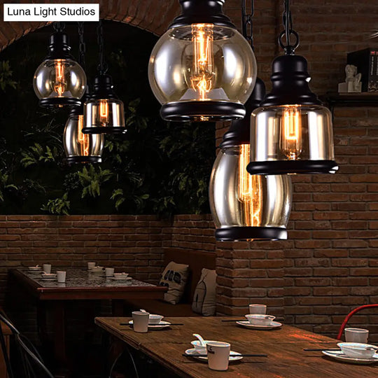 Industrial Smoky Grey Glass Pendant Light Kit - Black Globe/Bottle/Oval Drop Design For Kitchen