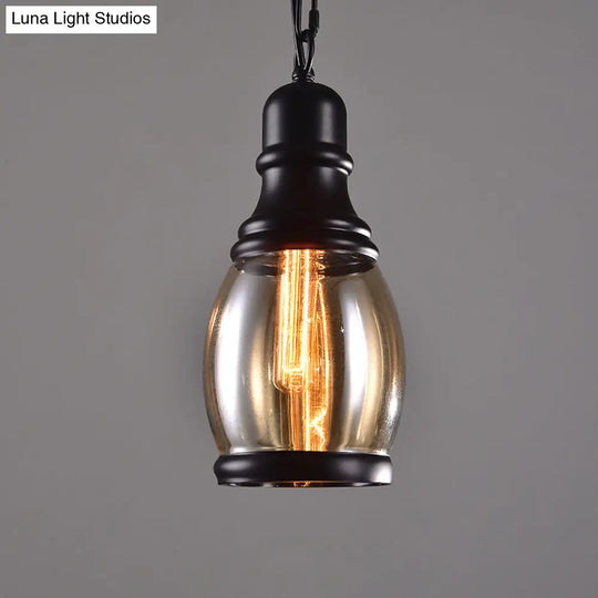 Industrial Smoky Grey Glass Pendant Light Kit - Black Globe/Bottle/Oval Drop Design For Kitchen