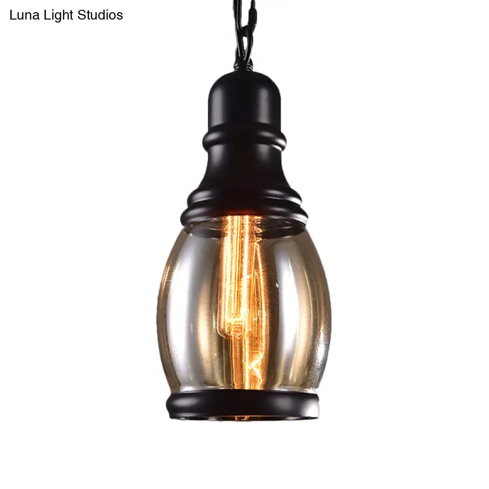 Industrial Smoky Grey Glass Pendant Light Kit - Black Globe/Bottle/Oval Drop Design For Kitchen