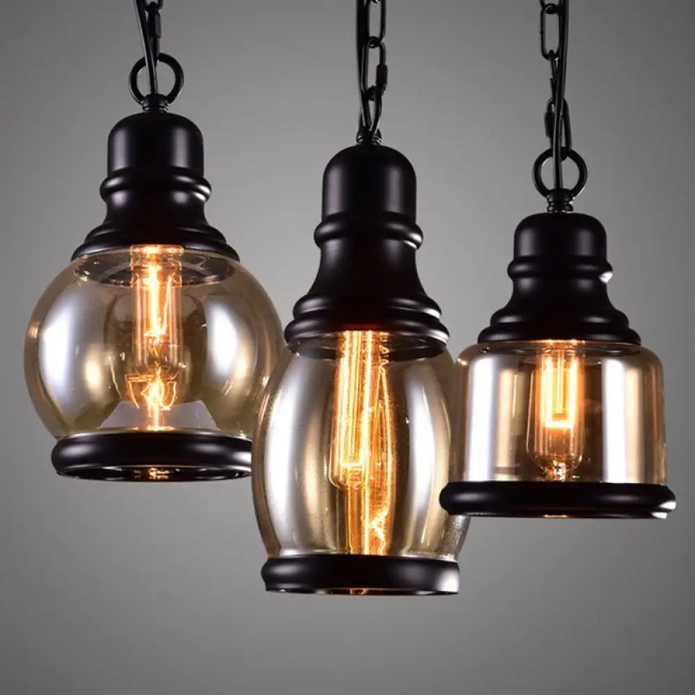 Smoky Grey Glass Industrial Pendant Light Kit With Black Globe And Oval Drop Design For Kitchen - 1