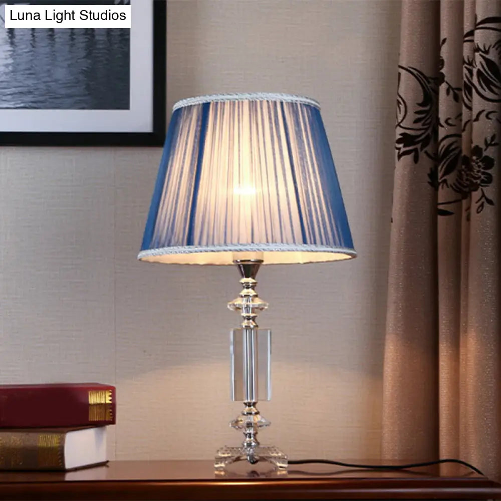 Traditional Blue/Cream Gray/Beige Tapered Pleated Shade Table Lamp With Crystal Base Blue