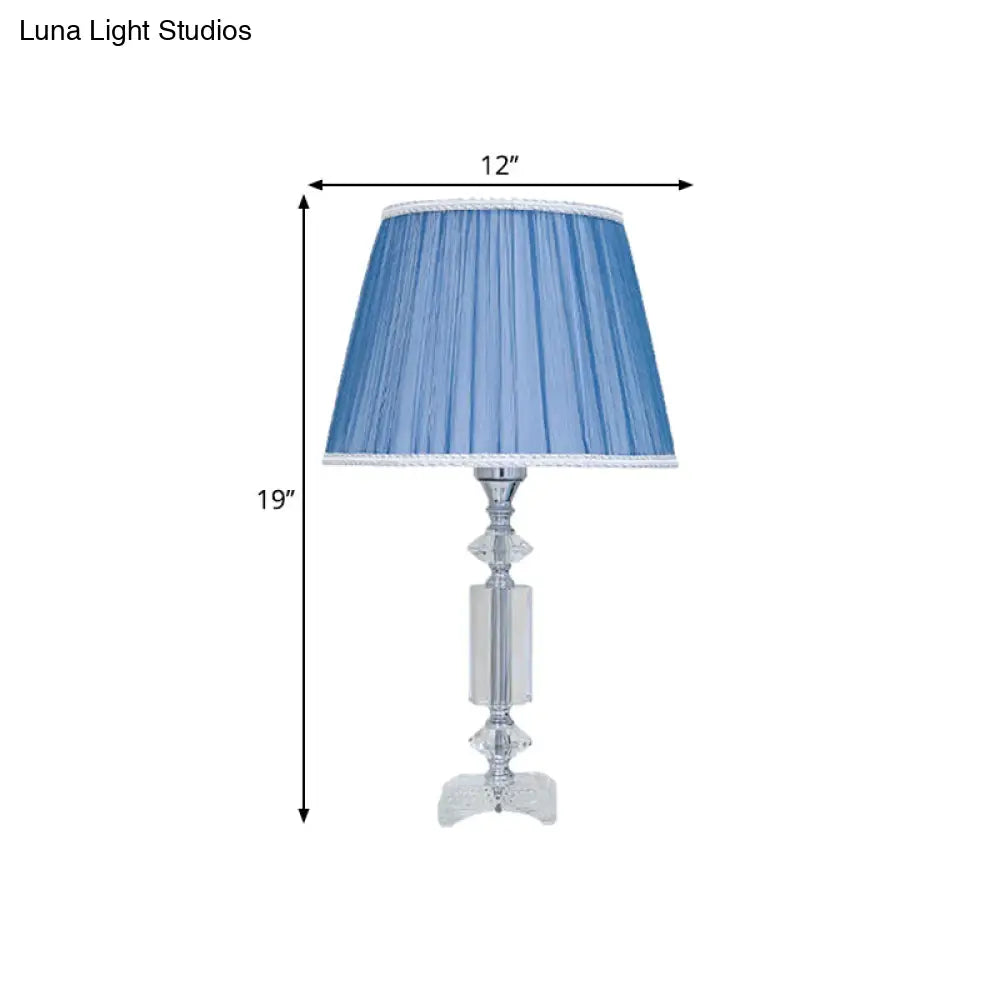 Traditional Blue/Cream Gray/Beige Tapered Pleated Shade Table Lamp With Crystal Base