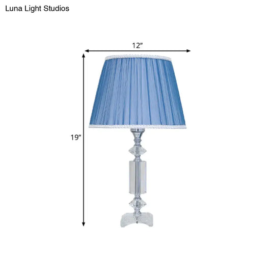 Traditional Blue/Cream Gray/Beige Tapered Pleated Shade Table Lamp With Crystal Base