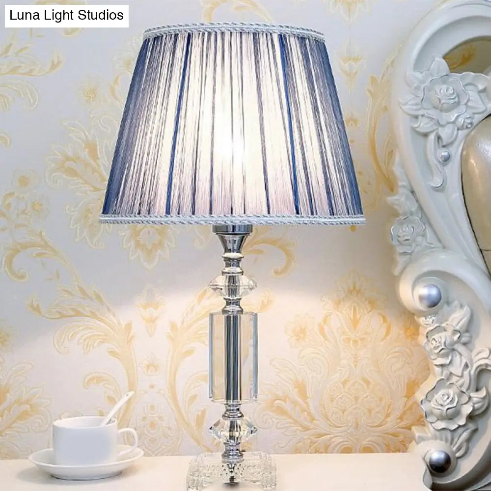 Traditional Blue/Cream Gray/Beige Tapered Pleated Shade Table Lamp With Crystal Base