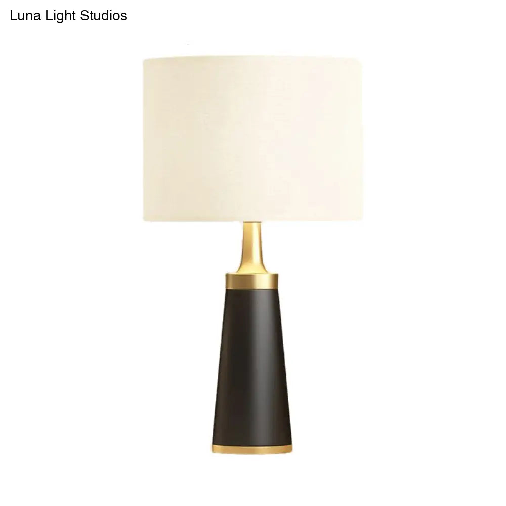 Modern Fabric Cylindrical Night Light: White Table Lamp With Metal Base