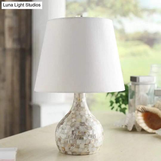 Shell Pear Shaped Countryside Night Light Dining Room Lamp With Tapered Fabric Shade White